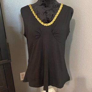 Susan Lawrence Tank Top Size XL Black Sleeveless Gold Sequins V-Neck Y2K style